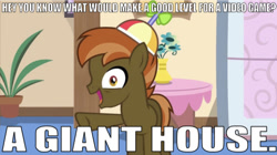 Size: 639x359 | Tagged: safe, artist:jan, edit, edited screencap, editor:undeadponysoldier, screencap, button mash, earth pony, pony, button's adventures, button's hat, caption, colt, flower, hat, image macro, looking at you, male, meme, nathaniel bandy, open mouth, plant, potted plant, propeller hat, raised hoof, talking to viewer, text, vase