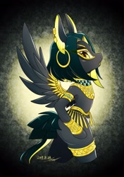 Size: 1440x2048 | Tagged: safe, artist:bbtasu, oc, oc only, pegasus, pony, semi-anthro, anubis, bipedal, ear piercing, earring, egyptian, egyptian pony, female, gold, jewelry, mare, monster mare, piercing, solo