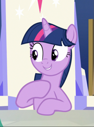 Size: 641x873 | Tagged: safe, screencap, twilight sparkle, twilight sparkle (alicorn), alicorn, pony, sparkle's seven, cropped, cute, friendship throne, smiling, solo, twiabetes