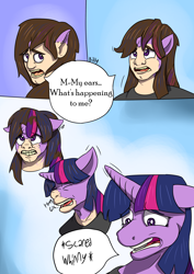 Size: 2480x3507 | Tagged: safe, artist:mcsplosion, twilight sparkle, human, comic:twi-tulpa, about to scream, comic, confused, descriptive noise, horse noises, human to pony, long hair, male, male to female, panic, pony face, rule 63, scared, transformation, transgender transformation, twilighting, whinny