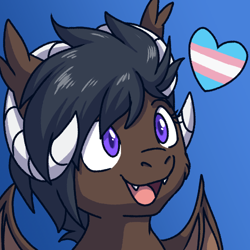 Size: 500x500 | Tagged: safe, artist:fizzy-dog, oc, oc only, oc:onyx quill, dracony, hybrid, kirin, blue background, horns, icon, pride, pride flag, ram horns, simple background, transgender pride flag, wings