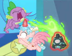Size: 982x768 | Tagged: safe, screencap, cozy glow, spike, alicorn, the ending of the end, alicornified, attempted murder, bell, cozybuse, cozycorn, cropped, dragon breath, fire, fire breath, flying, grogar's bell, levitation, magic, race swap, stained glass, telekinesis