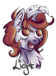 Size: 1898x2551 | Tagged: safe, artist:coco-drillo, oc, oc only, oc:dorm pony, pony, unicorn, badge, brown eyes, brown mane, bust, chest fluff, colourful, ear fluff, excited, fluffy, happy, lineart, shitposting, solo