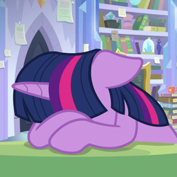 Size: 983x983 | Tagged: safe, screencap, twilight sparkle, twilight sparkle (alicorn), alicorn, pony, the ending of the end, book, cropped, depressed, female, floppy ears, headdesk, library, mare, sad, solo