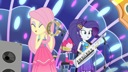 Size: 1920x1080 | Tagged: safe, screencap, fluttershy, pinkie pie, rarity, better together, equestria girls, spring breakdown, all good (song), beautiful, cute, cymbals, drum kit, drum set, drums, eyes closed, eyeshadow, female, hi-hat, keytar, makeup, microphone, microphone stand, musical instrument, raribetes, shyabetes, speakers, stage, tambourine