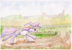 Size: 1280x885 | Tagged: safe, artist:mandumustbasukanemen, twilight sparkle, pony, unicorn, clothes, running, solo, sports, traditional art