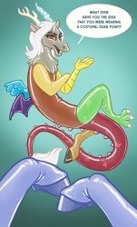 Size: 800x1328 | Tagged: safe, artist:hornbuckle, discord, eris, draconequus, arm hooves, human to anthro, offscreen character, pov, rubber, rule 63, talking to viewer, transformation