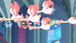 Size: 1366x768 | Tagged: safe, screencap, cozy glow, alicorn, bird, goose, the ending of the end, alicornified, attack, banner, bell, cozybuse, cozycorn, flock, flying, geese, grogar's bell, levitation, magic, race swap, stained glass window, telekinesis