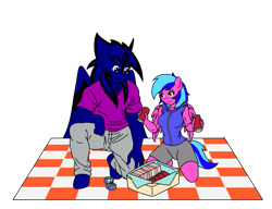 Size: 1300x1000 | Tagged: safe, artist:linedraweer, oc, oc only, oc:eclipse, oc:lovebug, alicorn, anthro, alicorn oc, anthro oc, basket, blanket, commission, female, food, male, marriage proposal, oc x oc, picnic, picnic basket, picnic blanket, ring, shipping, simple background, straight, transparent background