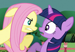 Size: 940x660 | Tagged: safe, derpibooru import, screencap, fluttershy, twilight sparkle, unicorn twilight, pegasus, pony, unicorn, magic duel, cropped, duo, female, flutterbitch, mare