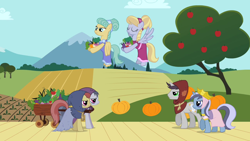 Size: 1280x720 | Tagged: safe, screencap, earth pony, pegasus, pony, unicorn, hearth's warming eve (episode), apple tree, cart, clothes, crown, dress, earth pony tribe, eggplant, eyes closed, female, flying, food, hood, jewelry, male, mare, pegasus tribe, pumpkin, regalia, stallion, tree, turnip, unicorn tribe