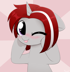 Size: 3000x3073 | Tagged: safe, artist:moozua, oc, oc only, oc:wut do, pony, unicorn, :p, blushing, female, looking at you, mare, one eye closed, silly, solo, tongue out, wink