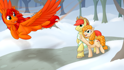 Size: 1280x720 | Tagged: safe, artist:mythpony, bright mac, pear butter, oc, oc:goldenfox, pegasus, pony, brightbutter, clothes, female, flying, male, scarf, shipping, snow, stallion, straight