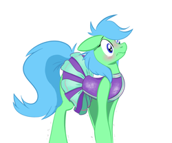 Size: 4096x3408 | Tagged: safe, artist:naivintage, oc, oc:spearmint, pony, 2 4 6 greaaat, blushing, cheerleader outfit, clothes, crossdressing, male, nervous, not lyra, solo, trembling