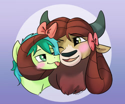 Size: 1024x851 | Tagged: safe, artist:paisleyperson, sandbar, yona, earth pony, pony, yak, :p, blushing, bust, cheek squish, cute, female, interspecies, male, monkey swings, portrait, sandabetes, shipping, signature, simple background, squishy cheeks, straight, tongue out, yonabar, yonadorable