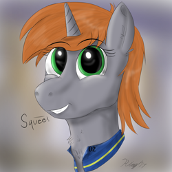 Size: 1600x1600 | Tagged: safe, artist:kalashnikitty, oc, oc only, oc:littlepip, pony, unicorn, fallout equestria, boopable, bust, clothes, cute, fanfic, fanfic art, female, grin, horn, mare, pipbuck, portrait, smiling, solo, squee, vault suit