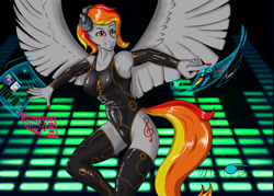 Size: 3965x2832 | Tagged: safe, artist:thunderblitz1, artist:thunderblitzsketch, oc, oc:tridashie, anthro, pegasus, armpits, clothes, female, flying, headphones, holographic screen, leotard, mare, music, swimsuit, wings