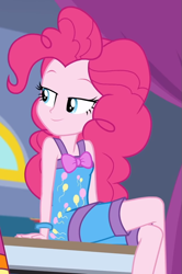 Size: 639x961 | Tagged: safe, screencap, pinkie pie, better together, equestria girls, sunset's backstage pass!, bow, clothes, cropped, crossed legs, female, legs, pajamas, sitting, sleeveless, solo