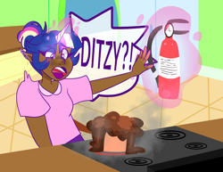 Size: 1280x986 | Tagged: safe, artist:cubbybatdoodles, twilight sparkle, human, baking, cake, clothes, cooking, dark skin, female, fire extinguisher, food, horn, horned humanization, humanized, implied derpy, implied lesbian, implied twerpy, kitchen, refrigerator, shirt, solo, stove