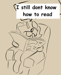 Size: 586x725 | Tagged: safe, artist:sile-animus, oc, oc only, oc:sile, illiteracy, male, meme, newspaper, reading, recliner, sitting, solo, text