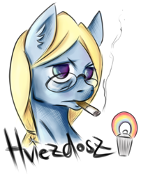 Size: 1274x1580 | Tagged: safe, artist:coco-drillo, oc, oc only, oc:hviezdosz, earth pony, pony, badge, blonde mane, blue fur, bust, cigarette, cigarette smoke, colourful, drug use, drugs, ear fluff, glasses, looking at you, male, no pupils, ponysona, ponytail, serious, serious face, simple background, smoking, solo, stallion, white background