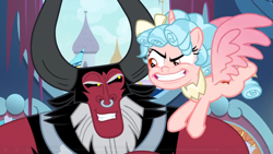 Size: 1366x768 | Tagged: safe, screencap, cozy glow, lord tirek, alicorn, the ending of the end, alicornified, cozycorn, evil, evil grin, grin, looking at each other, nose piercing, nose ring, piercing, race swap, sinister, smiling, smirk