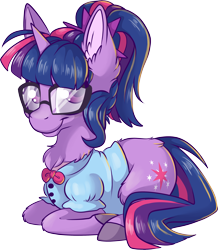 Size: 3128x3588 | Tagged: safe, artist:cutepencilcase, sci-twi, twilight sparkle, pony, unicorn, chest fluff, cute, ear fluff, equestria girls outfit, equestria girls ponified, female, glasses, ponyloaf, prone, simple background, transparent background, unicorn sci-twi