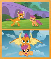 Size: 2058x2365 | Tagged: safe, artist:phucknuckl, scootaloo, smolder, pony, cute, friendship, holding a pony, orange, scootaloo can fly, scootalove, show accurate, similarities, sky, wholesome