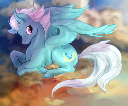 Size: 2776x2300 | Tagged: safe, artist:souri, fleetfoot, pegasus, pony, cloud, female, mare, prone, smiling, solo, wings