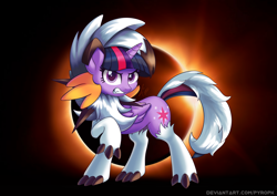 Size: 1000x707 | Tagged: safe, artist:pyropk, twilight sparkle, twilight sparkle (alicorn), alicorn, pony, animal costume, clothes, cosplay, costume, crossover, fangs, gritted teeth, lycanroc, lycanroc dusk, pokémon, solo, wolf costume