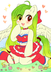 Size: 1200x1697 | Tagged: safe, artist:sspicytuna, oc, oc only, oc:lemony light, anthro, pegasus, unguligrade anthro, anthro oc, arm hooves, blushing, bow, breasts, choker, cleavage, clothes, collar, cute, female, hair bow, heart, kneeling, leg warmers, mare, midriff, miniskirt, moe, ocbetes, open mouth, pleated skirt, skirt, smiling, socks, solo