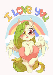 Size: 1500x2100 | Tagged: safe, artist:yke_kohai, oc, oc:lemony light, pegasus, pony, heart, heterochromia, looking at you, rainbow, solo, spread wings, wingding eyes, wings