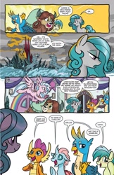 Size: 993x1528 | Tagged: safe, artist:tonyfleecs, idw, gallus, ocellus, sandbar, silverstream, smolder, swift foot, yona, changedling, changeling, classical hippogriff, dragon, earth pony, griffon, hippogriff, pony, yak, spoiler:comic, spoiler:comicfeatsoffriendship01, blushing, bow, comic, cute, dragoness, female, hair bow, male, mare, official comic, pillar, preview, rainbow, sandabetes, school of friendship, speech bubble, student six