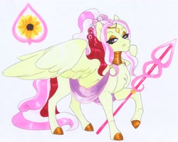 Size: 3594x2881 | Tagged: safe, artist:frozensoulpony, oc, oc:sunflower madrigal, pegasus, pony, female, mare, offspring, parent:princess cadance, parent:shining armor, parents:shiningcadance, solo, traditional art