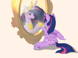 Size: 4000x3000 | Tagged: safe, artist:emerald-light, princess twilight 2.0, twilight sparkle, twilight sparkle (alicorn), alicorn, pony, the last problem, altered reflection, crying, immortality blues, jewelry, majestic, mirror, older, older twilight, reflection, regalia, solo