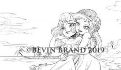 Size: 1280x740 | Tagged: safe, artist:bevin brand, gloriosa daisy, vignette valencia, equestria girls, beach, commission, daisyvalencia, female, gloriette, hug, lesbian, monochrome, obtrusive watermark, official fan art, shipping, watermark