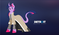 Size: 5616x3360 | Tagged: safe, artist:musicbetmlp, twilight sparkle, unicorn twilight, pony, unicorn, boots, clothes, coat, colored ears, colored hooves, crossover, curved horn, detroit: become human, ear fluff, female, gradient background, horn, leonine tail, lidded eyes, looking back, mare, markus, shoes, solo, trenchcoat