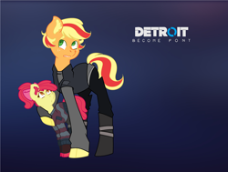 Size: 4664x3528 | Tagged: safe, artist:musicbetmlp, derpibooru import, apple bloom, applejack, earth pony, pony, alice (detroit: become human), alternate hairstyle, ax400, boots, bow, clothes, cosplay, costume, crossover, detroit: become human, duo, ear fluff, female, filly, gradient background, hair bow, kara, mare, ponytail, shoes, short mane, sweater, two toned mane, video game