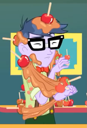 Size: 413x604 | Tagged: safe, screencap, microchips, better together, equestria girls, rollercoaster of friendship, apple, clothes, cropped, eyes closed, food, glasses, male, solo