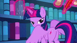 Size: 1920x1080 | Tagged: safe, screencap, twilight sparkle, twilight sparkle (alicorn), alicorn, the fault in our cutie marks, bedroom eyes, book, cutie mark, lidded eyes, looking over shoulder, out of context, quill, scroll, solo