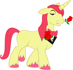 Size: 1920x1834 | Tagged: safe, edit, apple bloom, prince blueblood, pony, unicorn, bowtie, flower, fusion, male, palette swap, ponyar fusion, recolor, rose, simple background, solo, stallion, transparent background, unshorn fetlocks, vector, vector edit