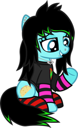 Size: 820x1348 | Tagged: safe, artist:lightningbolt, derpibooru exclusive, oc, oc only, oc:scene chick, earth pony, pony, arm warmers, clandestine industries, clothes, ear piercing, earring, female, jewelry, mare, necklace, nose piercing, piercing, raised hoof, scene, shirt, simple background, snake bites, socks, solo, striped socks, t-shirt, transparent background, underhoof