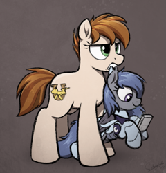 Size: 675x702 | Tagged: safe, artist:selenophile, oc, oc only, oc:sweet heart, oc:umbra, bat pony, pony, armor, bat pony oc, cute, game boy, holding a pony, scruff, size difference