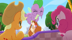 Size: 1280x720 | Tagged: safe, derpibooru import, screencap, applejack, pinkie pie, spike, dragon, earth pony, pony, rainbow roadtrip, applejack's hat, backpack, cowboy hat, discovery family logo, eyes closed, female, hat, male, mare, winged spike