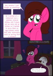 Size: 1280x1818 | Tagged: safe, artist:aarondrawsarts, oc, oc:brain teaser, oc:rose bloom, earth pony, pony, bed, bedroom, bloodshot eyes, brainbloom, censored, chest fluff, oc x oc, pondering, shipping, swearing, thinking, tired, tumblr, tumblr comic, vulgar