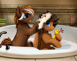 Size: 3030x2400 | Tagged: safe, artist:pridark, oc, oc only, oc:in7ac7, oc:wiley waves, earth pony, pegasus, pony, bath, bathing, bathing together, chest fluff, couple, cute, gay, male, oc x oc, rubber duck, shampoo, shipping, smiling, stallion, washing hair, water, wings