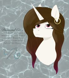 Size: 1238x1408 | Tagged: safe, artist:dyonys, derpibooru exclusive, oc, oc only, oc:diamond cave, unicorn, bust, commission, cutie mark, ear piercing, earring, female, jewelry, mare, piercing, text