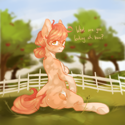 Size: 3000x3000 | Tagged: safe, artist:peachez, oc, oc only, oc:peach bellini, earth pony, pony, butt, chest fluff, femboy, freckles, garden, looking at you, looking back, looking back at you, looking over shoulder, male, peaches, sitting, solo, stallion, sun, trap