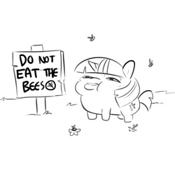 Size: 1152x1152 | Tagged: safe, artist:tjpones, twilight sparkle, unicorn twilight, bee, unicorn, bee sting, do not eat, female, mare, monochrome, not salmon, sign, spicy sky raisins, swollen, this ended in pain, too dumb to live, twiggie, warning sign, wat, why