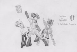 Size: 3816x2557 | Tagged: safe, artist:joestick, apple bloom, scootaloo, sweetie belle, earth pony, pegasus, pony, unicorn, clothes, cutie mark crusaders, female, magic, mare, monochrome, pencil drawing, socks, sockship is magic, traditional art